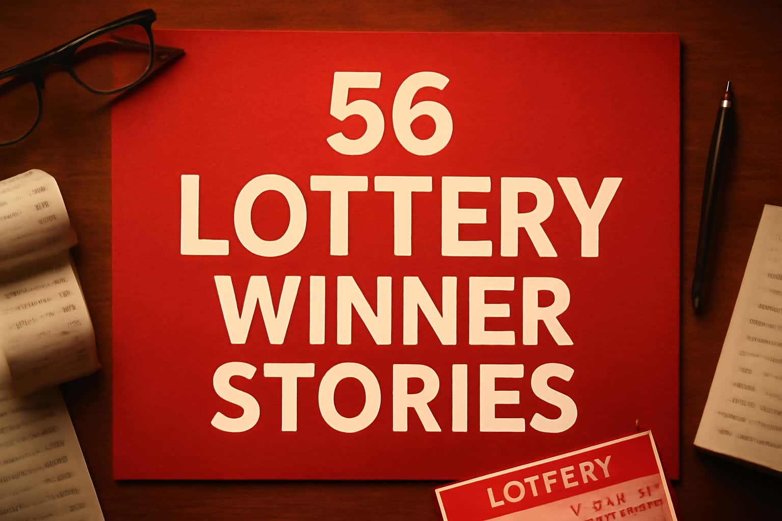 An informative depiction of 56 Lottery Winner Stories with prominent text presentation.